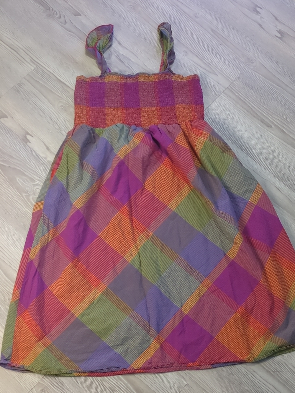 Time and Tru Plaid Smocked Sundress XXL (20) Tie Strap Midi Dress Pink Purple Gr